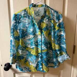 Ruby Rd Sheer Print Top Women Blue Yellow Green Size Large